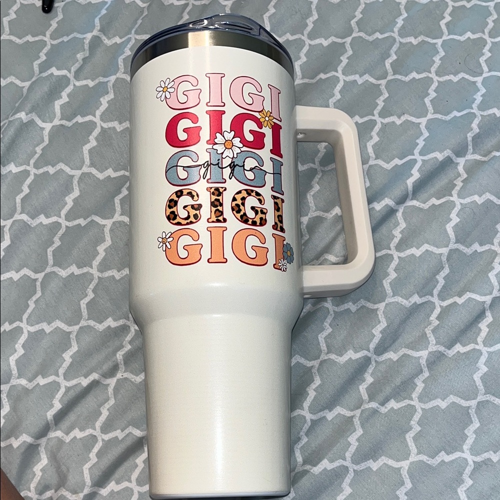 Custom "GIGI" White Travel Mug with Colorful Lettering